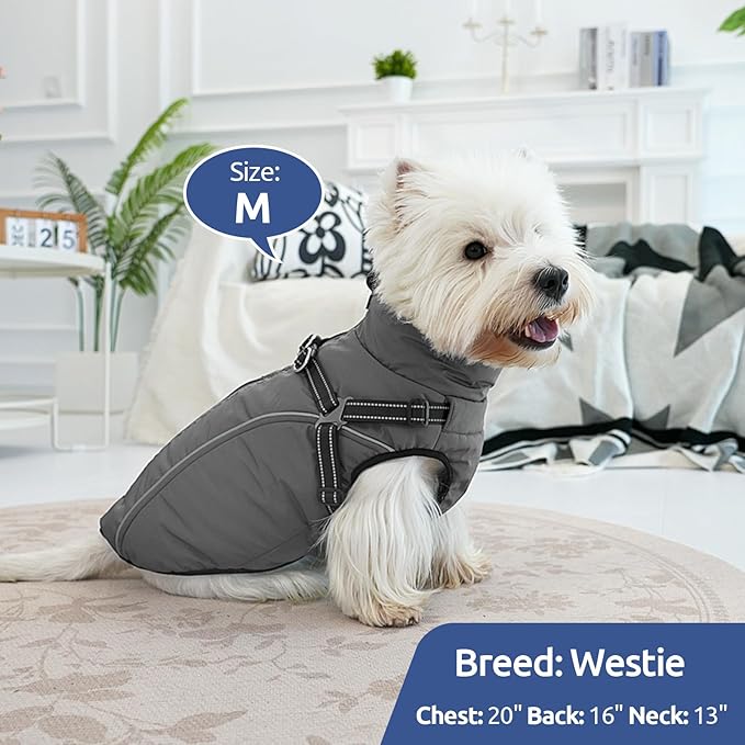 Dog Winter Coat with Harness Built in Warm Puffer Dog Jackets for Small Medium Large Dogs Windproof Waterproof Outfit with Plush Lining and Reflective Stripes (Blue, S)
