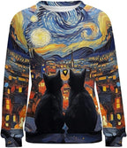Long Sleeve Shirts for Women Cat Oil Painting Shirt 3D Graphic Sweatshirts Fall Pullover Crewneck Vintage Boho Tops