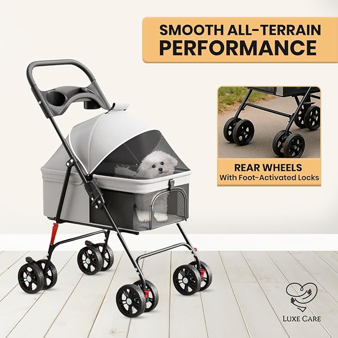 Luxe Haus 4 Wheel Foldable Pet Stroller - Lightweight Dogs and Cats Stroller Upto 50lbs with Mesh Canopy, Storage Basket and Cup Holder, Durable for Walks and Outings (Medium)