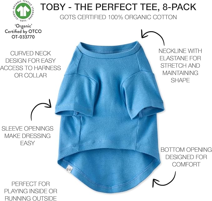 Toby II - The Perfect Tee, 8 Pack Short Sleeve Pet T-Shirt 100% Organic Cotton Tees Clothes for Small, Medium, Large Dogs, Rainbow Blue, X-Small