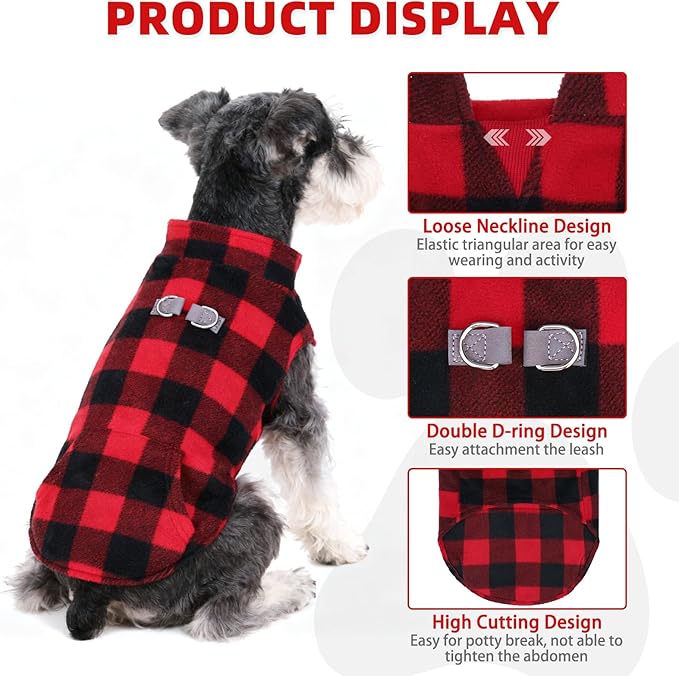 KOOLTAIL Dog Fleece Vest Sweater, Warm Puppy Christmas Jacket with Dual Leash D-Ring and Pocket for Small Medium Large Dogs, Soft Pet Winter Cold Weather Coats Fall Clothes Hoodie Boy Girl,Red Plaid L