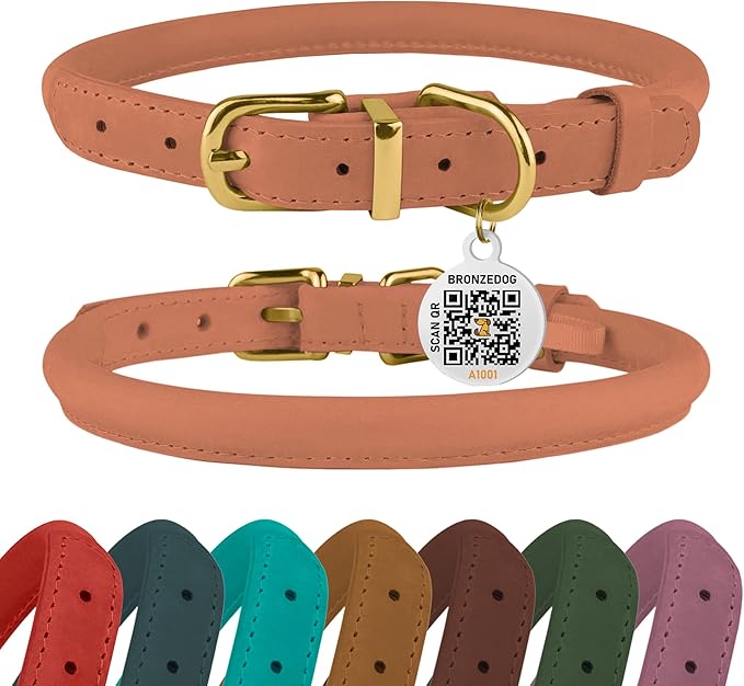 BronzeDog Rolled Leather Dog Collar with QR ID Tag, Adjustable Soft Round Collars for Small Medium Large Dogs Puppy (14" - 16" Neck Size, Peach)