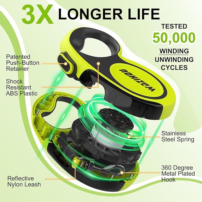 2025 New Model Retractable Dog Leash 18ft' - Detachable Poop Bag and Chew Proof Cable and Included Heavy Duty Reflective Retractable Leash for Small Medium Large Dogs up to 110 lbs