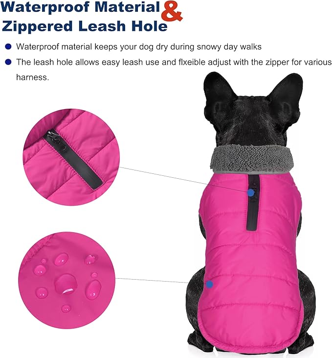 Dog Winter Coat, Waterproof Dog Jacket with Leash Hole, Reflective Adjustable Pet Snow Vest, Warm Fleece Sweater for Small Medium Large Dogs - Pink, S