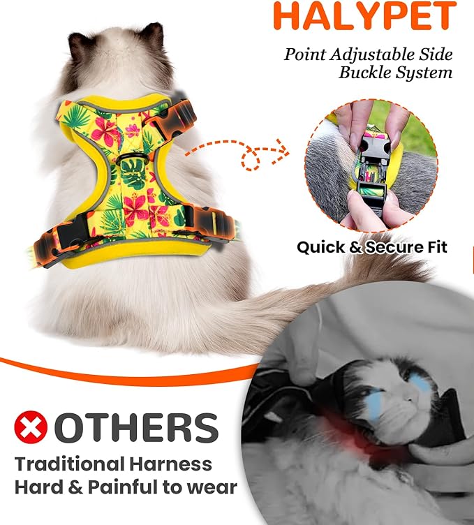 Halypet Cat Harness and Leash Set for Walking, Escape Proof Adjustable Vest Harness with 3-in-1 Integrated Buckles, Easy Control Soft Breathable Mesh with Reflective Strips for Cats, M, Bright Yellow