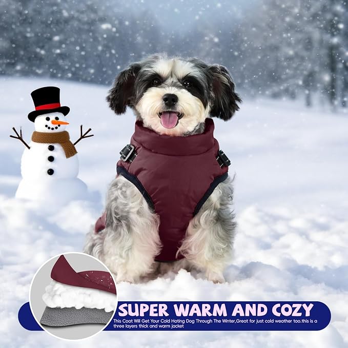 Gyuzh Dog Coat with Harness - Waterproof Winter Dog Coat, Fleece Lined, Adjustable, Reflective, for Medium Dogs - Large, Purple