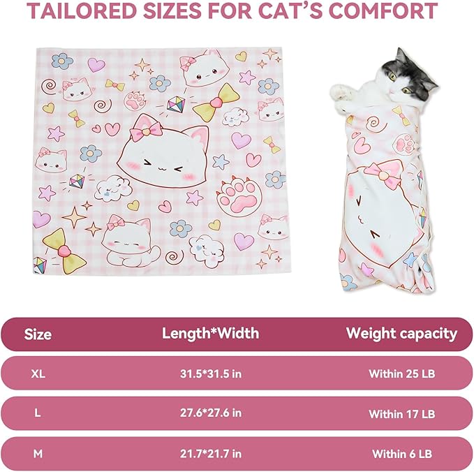 Cat Grooming Wrap for Cutting Nails, 21.6" Anti-Escape Calming Cat Swaddle Wrap for Medicine, Nail Clipping, Teeth Brushing, Ear Cleaning, Self-Adherent Burrito Restraint, (Happy Kitty, M)