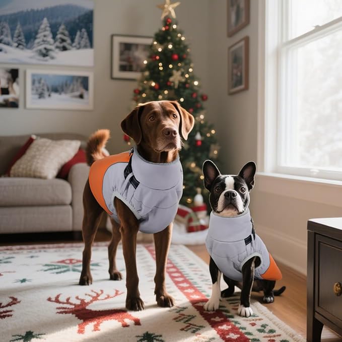 DENTRUN Dog Coat with Harness Built in, Outdoor Reflective Dog Jacket, Windproof Water-Repellent No Sleeves Coat for Large Golden Retriever, Orange, XL