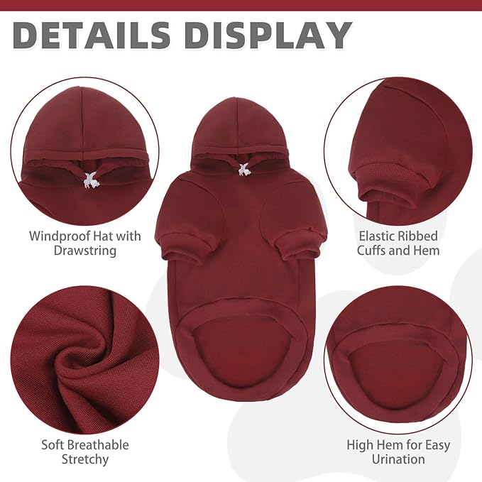 KOOLTAIL Basic Dog Hoodie - Soft and Warm Dog Hoodie Sweater with Leash Hole and Pocket, Pet Winter Coat, Cold Weather Clothes Sweatshirt for Small Medium Large Dogs Puppy Cat Boys Girls,Deep Red S