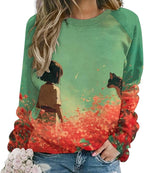 Long Sleeve Shirts for Women Cat Oil Painting Shirt 3D Graphic Sweatshirts Fall Pullover Crewneck Vintage Boho Tops