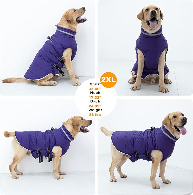 Large Dog Coat with Harness Built-in, Waterproof Reflective Fleece Lined - Warm Windproof Winter Jacket with Back Zipper, Cold Weather Snow Dog Coats - Purple - 2XL