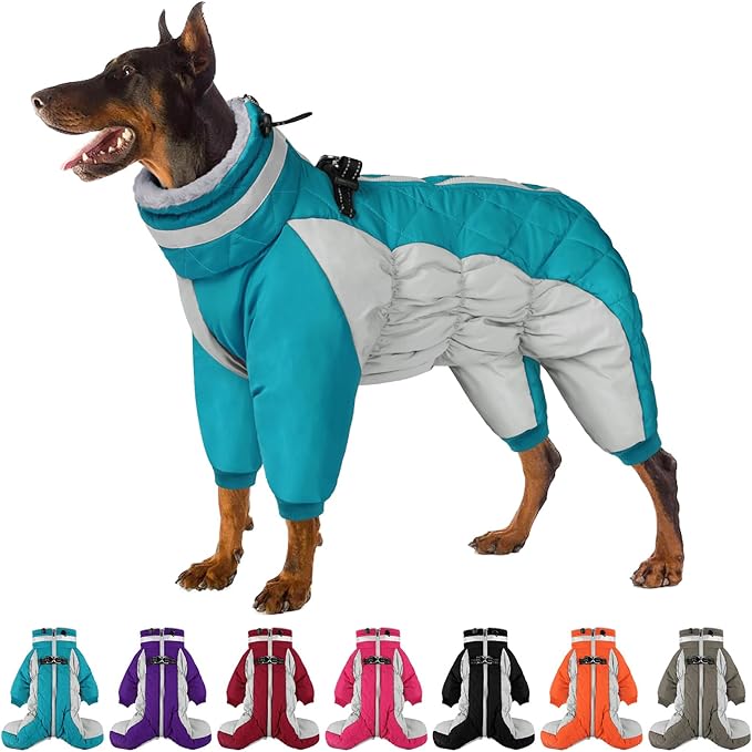 SUNFURA Full Body Dog Coat - Warm Fleece Jacket for Large Dogs, Turtleneck Winter Coats with Harness, Reflective Dog Snowsuit Windproof Puffer Jackets with Legs for French Bulldog, Turquoise L