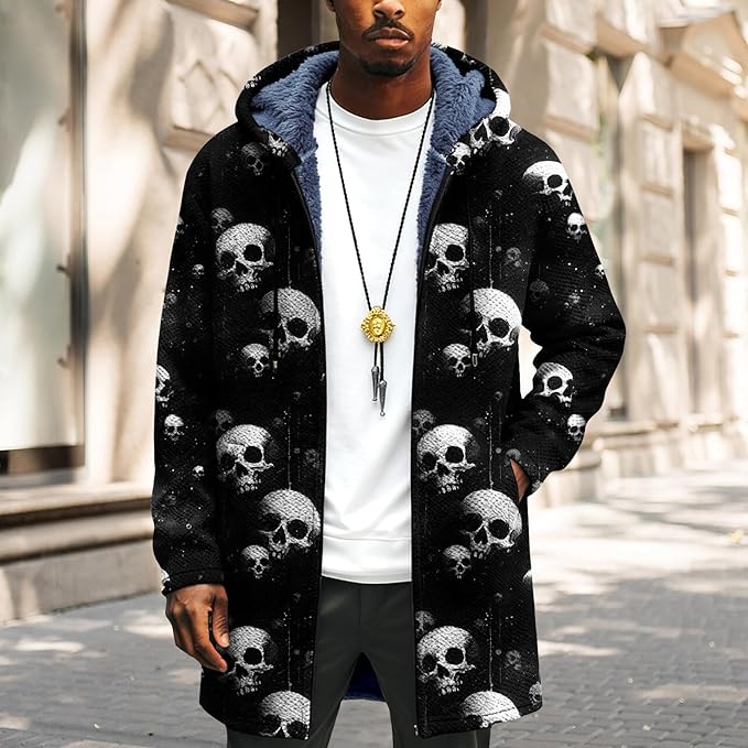 LIZALIG Long Hooded Cardigan Men Japanese Art Style Fashion Cool Graphic Coats Winter Warm Lined Fleece Jacket