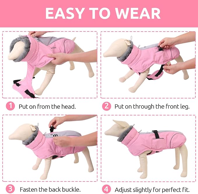 Queenmore Winter Dog Jackets, Thick Dog Coats for Small Pets Winter, Warm Reflective Coat, Thick Waterproof Puppy Coats, Pink, S