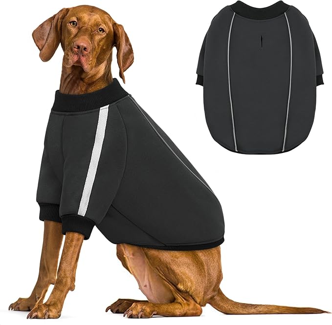 Queenmore Fleece Dog Sweater for Male Dogs, Soft Pullover Dog Sweatshirt with Leash Hole/Reflective Stripes – Cozy Winter Fleece Jacket for Small Medium Large Boy Puppy, Grey XXXL