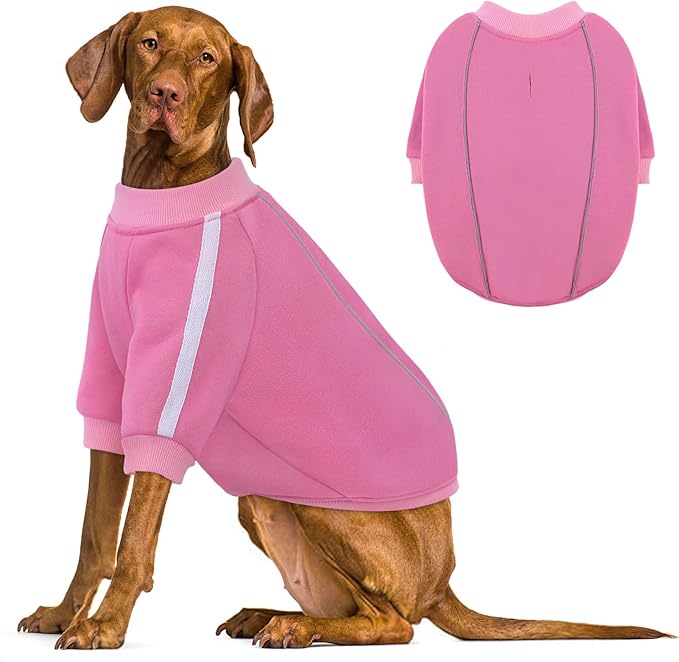 Queenmore Fleece Dog Sweater for Girl Dogs, Pullover Pink Dog Sweatshirt Sweatshirt with Leash Hole, Reflective Stripes – Cozy Winter Fleece Jacket for Small/Medium/Large Femal Puppy XXL