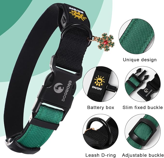 DOGWONG LED Dog Collar - Heavy Duty Light up Collars - Rechargeable Waterproof - Lighted Dog Collar for Night Walking, Hiking, Camping(Green,L)
