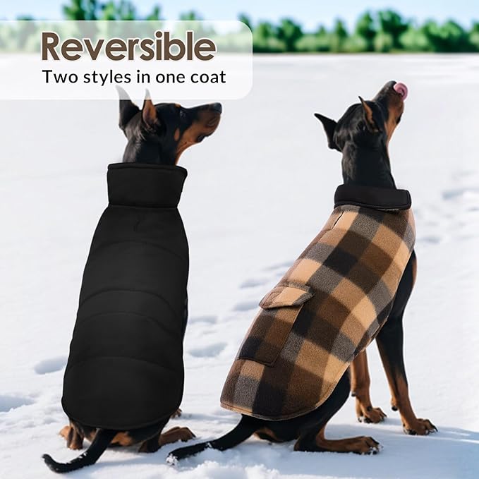 ASENKU Dog Winter Jacket Plaid Reversible Vest, Waterproof Dog Coat for Cold Weather, Perfect for Small to Large Dogs (Coffee, XL)