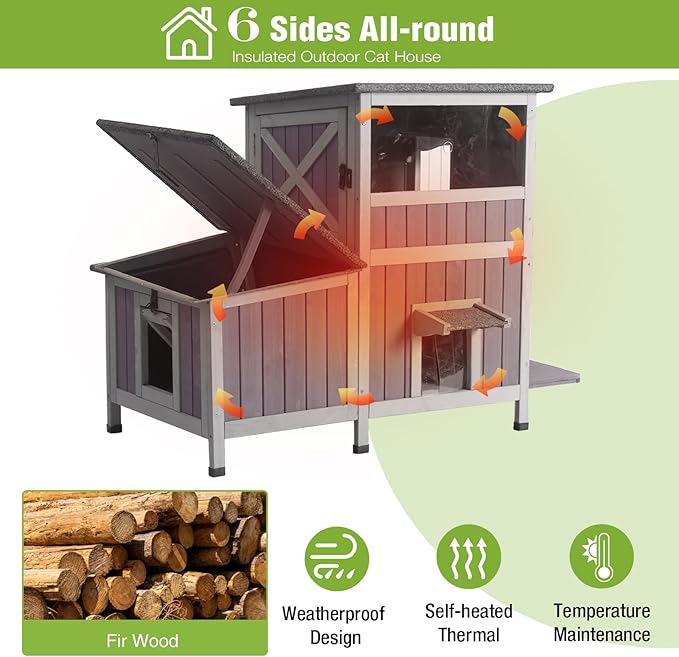 GUTINNEEN Large Insulated Cat House for Outside Indestructible Outdoor Cat House 2-Section Weatherproof Feral Cat Shelter with 3 Escape Doors for 1-5 Feral Barn Cats (Winter-Ready, 43.3"x29.4"x33.4")