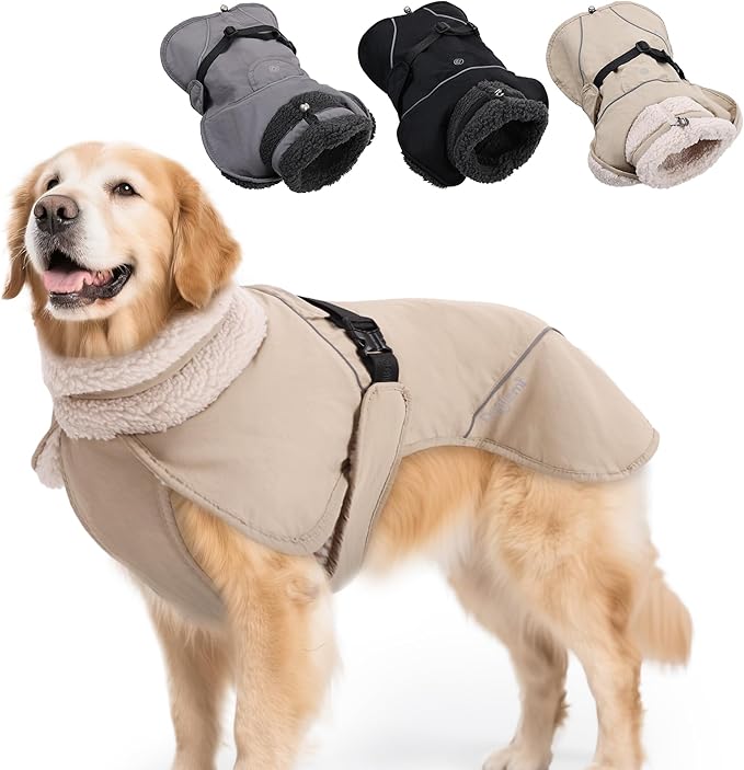 Adjustable Dog Coat with Harness Slot, Waterproof Fleece Lined Winter Jacket, Windproof Reflective Pet Vest for Cold Weather for Small Medium Large Dogs (Beige, Large)