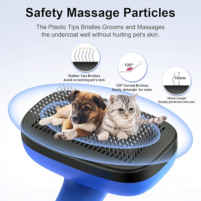 Dogs Cats Self Cleaning Slicker Brush for Shedding & Grooming Any Breed of Pets, Removes Loose, Undercoat, Mats, Tangled Hair for Small Medium Large Animal With Long Short Fur Length, Blue