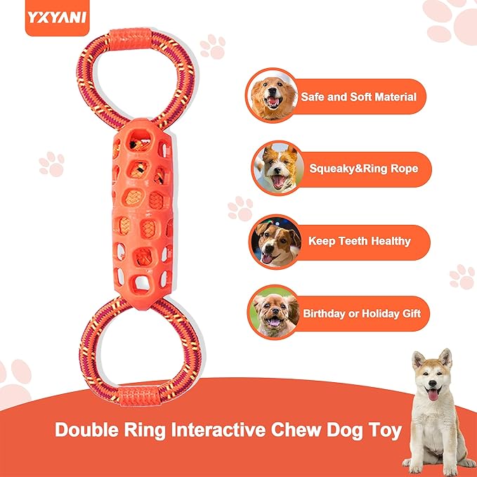 Durable Dog Tug Toy – Tough Double Ring Rope and Rubber Chew Toy with Squeaker, Interactive Tug-of-War for Large Dogs, Heavy Duty Play and Easy to Clean (Double Ring)