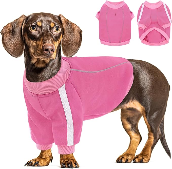 Queenmore Fleece Dog Sweater for Girl Dogs, Pullover Pink Dog Sweatshirt Sweatshirt with Leash Hole, Reflective Stripes – Cozy Winter Fleece Jacket for Small/Medium/Large Femal Puppy S
