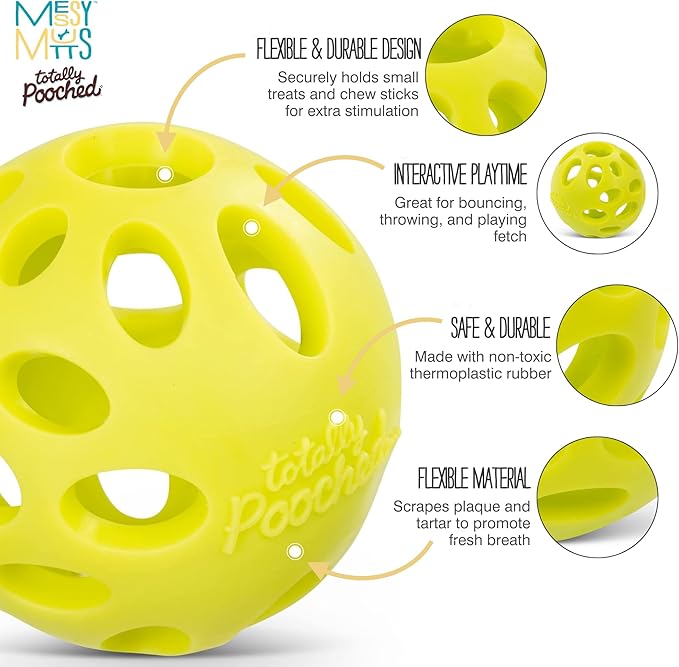 Messy Mutts Totally Pooched Huff'n Puff Ball | 3.1” TPR Puzzle Ball for Dogs | 2-in-1 Durable Interactive Toy and Tooth Cleaner | Green