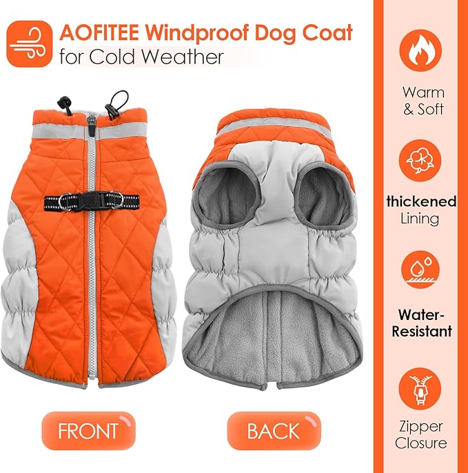 AOFITEE Dog Coat, Warm Dog Winter Coat, Reflective Turtleneck Large Dogs Jacket with Harness Built in, Turtleneck Pet Winter Jacket, Waterproof Pet Snow Jackets Fleece Vest, Orange XL