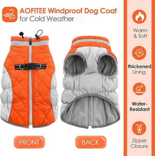 AOFITEE Dog Coat, Warm Dog Winter Coat, Reflective Turtleneck Large Dogs Jacket with Harness Built in, Turtleneck Pet Winter Jacket, Waterproof Pet Snow Jackets Fleece Vest, Orange XL