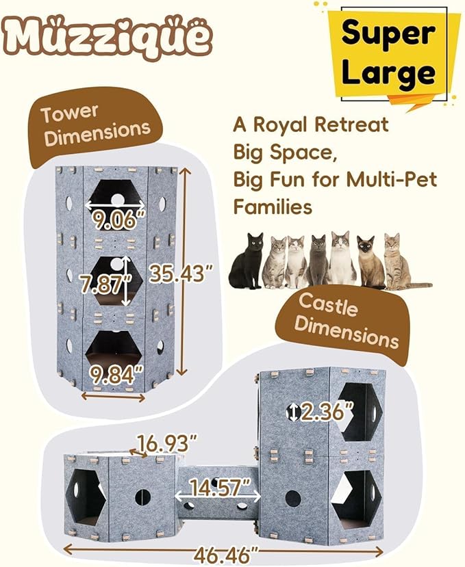 Large Cat House for Indoor Cats&Small Dogs, w/Hair Brush, DIY Expandable Felt Pet Tunnel Castle, Modular Multi Layer Kitten Nest, Peekaboo Kitty Cave, 3 Perch Puppy Bed Furniture, 3 Tier XL Platform