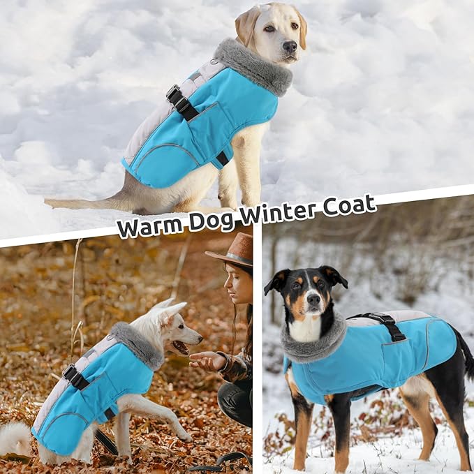 Queenmore Fleece Dog Coats, Dog Jackets for Large Breeds, Waterproof Windproof Winter Large Pet Coat Fall, Reflective Pet Jackets for Winter, Blue, XXXL