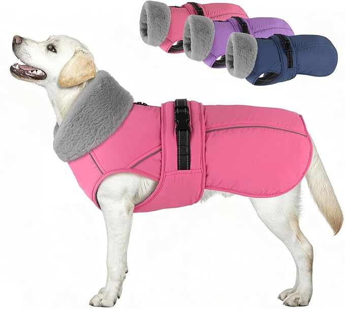 PETDSH Dog Coat Large, Windproof Dog Jacket with Warm Fleece Lining, Thickened Collar Dogs Winter Coat, Adjustable Reflective Pet Coats for Cold Weather (Pink, XXX-Large)