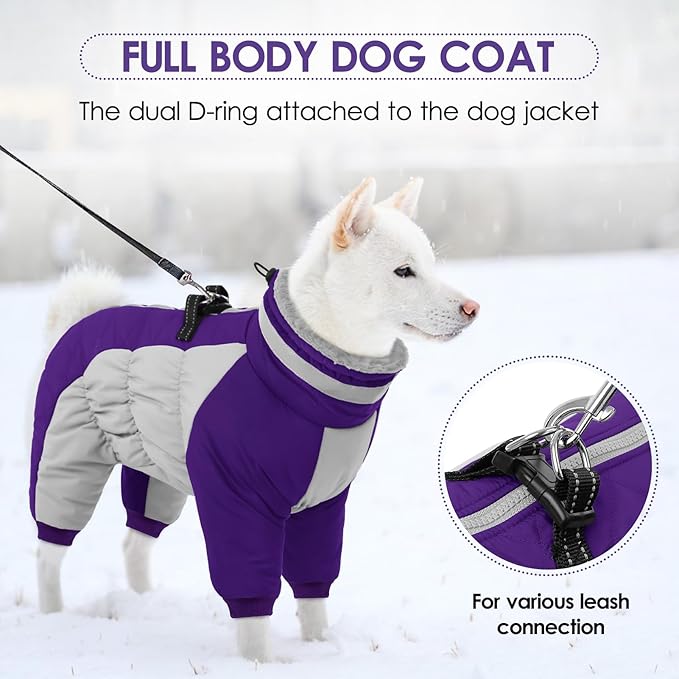 SUNFURA Full Body Dog Coat - Warm Fleece Jacket for Small Dogs, Turtleneck Winter Coats with Harness, Reflective Dog Snowsuit Windproof Puffer Jackets with Legs for Pug, Jack Russel, Purple S