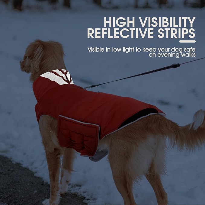 Kuoser Dog Coat Small, Cold Weather Reflective Waterproof Dogs Jacket with Warm Fleece Lining, Turtleneck Dog Winter Coat with Zipper, Doggy Snow Jacket Pet Coats for Small Medium Large Dogs, Red XS