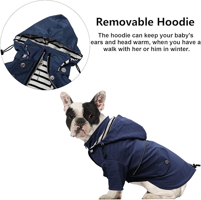 Morezi Dog Zip Up Raincoat with Reflective Buttons, Rain/Water Resistant, Adjustable Drawstring, Removable Hood, Raincoats with Legs 8lbs to 80lbs Available - Dark Blue - XL