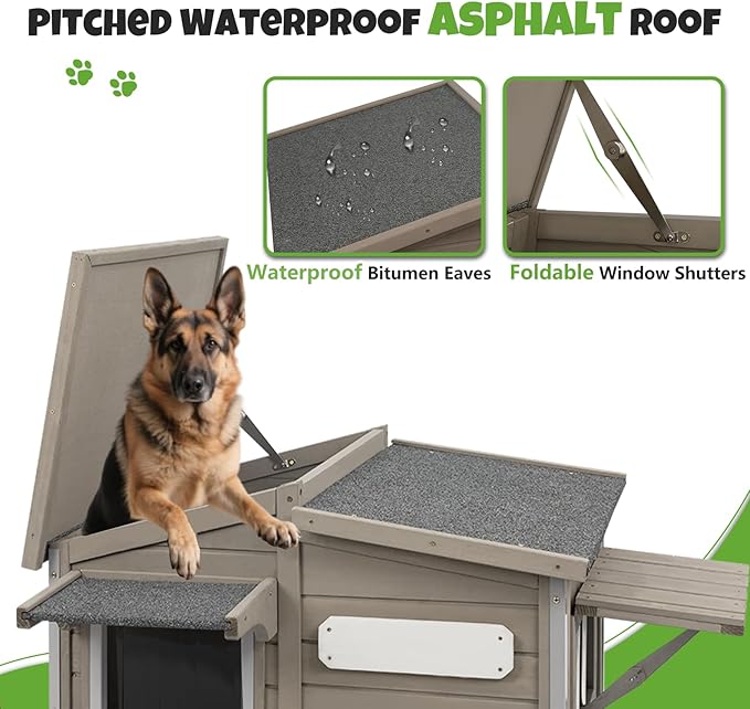 Large Outdoor Wooden Dog House, Weatherproof Dog Houses with Adjustable Vent Windows, Alloy Chew-Resistant Frame, Removable Floor for Medium & Large Dogs (43.5" L x 29.5" W x 33.5" H)