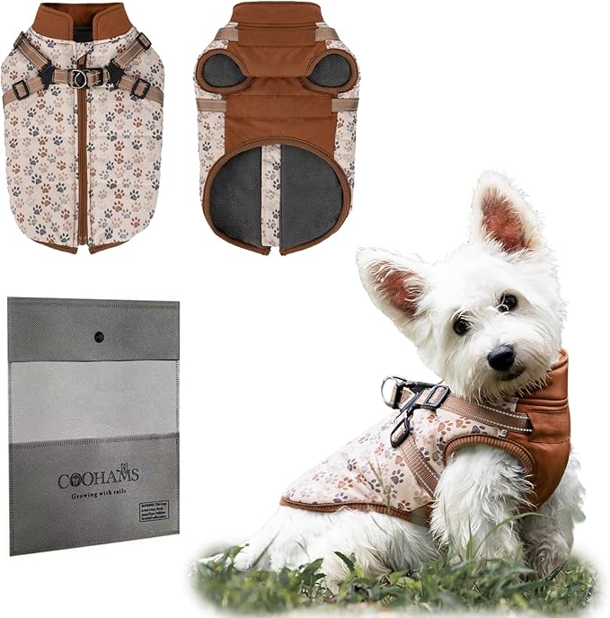 Dog Winter Coat for Small & Medium Dogs (Up to 32lb), Waterproof Dog Coat with Harness, Puppies Windproof Puppy Puffer Jacket, Snowsuit for Dachshund,Frenchie, Corgi (Paw Brown, Medium)