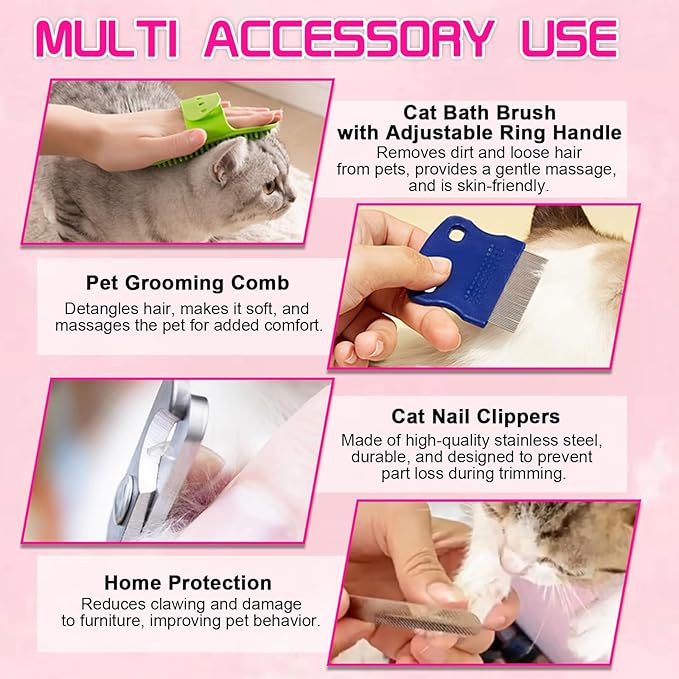 FANOVO Cat Bathing Bag, Anti-Scratch & Anti-Bite Adjustable Mesh Cat Shower Bag with Nail Clipper, Grooming Comb, Bath Brush & Nail File, Breathable Cat Washing Bag for Bathing, Nail Trimming