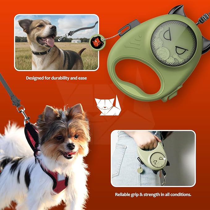 Retractable Dog Leash – 13ft Strong Nylon Tape, Auto-Locking, Tangle-Free, One-Touch Brake, Comfortable Grip – Fun Halloween Design for Small Dogs up to 20 lbs, Haminway Cheeky Imp Design
