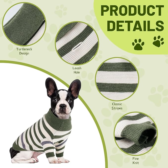 Small Dog Sweater, Knitted Striped Pullover Dog Clothes for Cold Weather, Thick Warm Cozy Stretchy Sweater for Chihuahua, Bulldog, Dachshund, Pug(Green & White Strip, L)