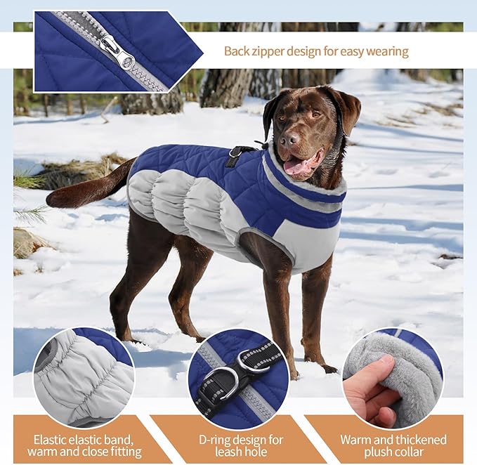 Dog Jackets for Medium Dogs,Medium Dog Coat,Warm Pet Winter Coat Zip Up Back,Waterproof Dogs Jacket with D-Ring,Pet Cold Weather Coats with Fleece Lined, Snowsuit Pug Boston Terrier,Blue,M