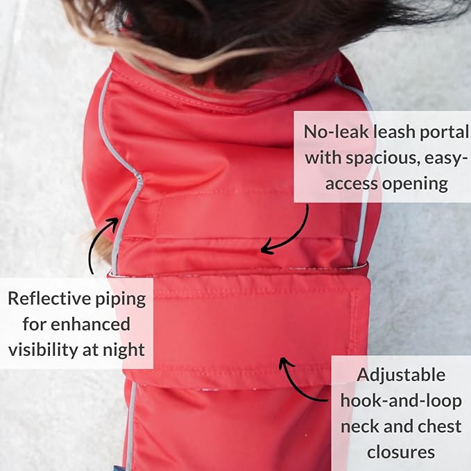 DJANGO Dog Jacket & Raincoat – Lightweight Water-Resistant Coat for Small, Medium & Long Dogs Like Dachshunds – Reflective, Adjustable Fit, Harness-Compatible & Easy-Access Harness Hole - Red, Small