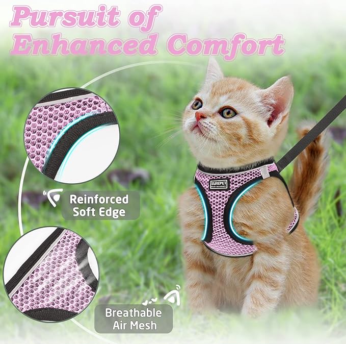 Cat Harness and Leash for Walking Escape Proof, Adjustable Kitten Vest Harness Reflective Soft Mesh Puppy Harness for Outdoor, Comfort Fit, Easy to Control (Lpink, XXS)
