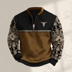 HOTYD Aztec Cowboy Jacket Men Vintage Bullhorn Printed Oversized Western Sweatshirt Long Sleeve Quarter Zip Pullover