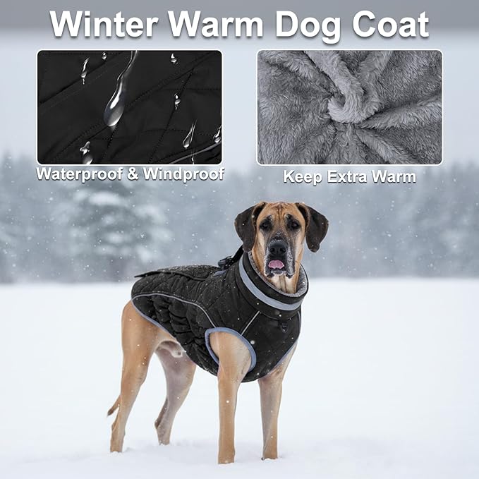 Dog Coat, Warm Dog Winter Coat for Large Dogs, Waterproof Jacket with Harness Built in, Reflective Turtleneck Cold Weather Coats with Zipper,Pet Fleece Vest Snow Jacket, Black L