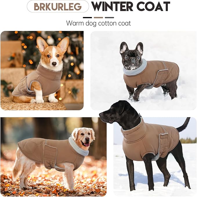 BRKURLEG Dog Winter Coat, Warm Dog Jackets for Small and Medium Large Dogs, Reflective Adjustable Pet Cold Weather Coats, Waterproof Windproof Dogs Snow Jacket Clothes Warm Vest (M, Khaki)