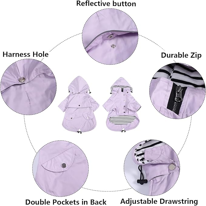 Morezi Dog Zip Up Raincoat with Reflective Buttons, Rain/Water Resistant, Adjustable Drawstring, Removable Hood, Raincoats with Legs 8lbs to 80lbs Available - Purple - XXL