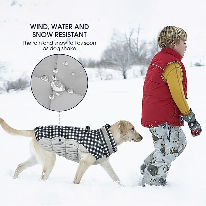 FUAMEY Dog Coat for Large Dogs,Waterproof Dog Winter Jacket with Harness Built in Puppy Cold Weather Coats Reflective Pet Vest with Zipper Warm Fleece Dogs Snowsuit Windproof Checkerboard L
