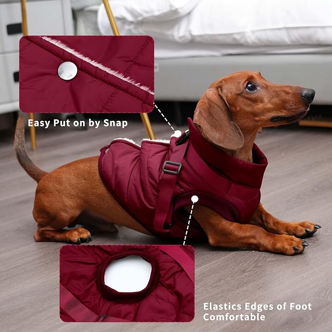 Dog Jacket with Harness,Fleece Lined Warm Puppy Coat for Winter,Soft Windproof Medium Dog Vest,Red L
